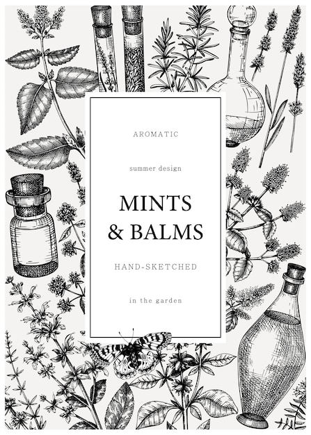 Hand-drawn perfumery and cosmetics ingredients card. Decorative vintage mints and balms herbs.