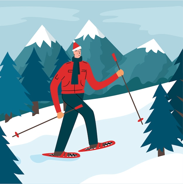 Hand drawn person snowshoeing illustration