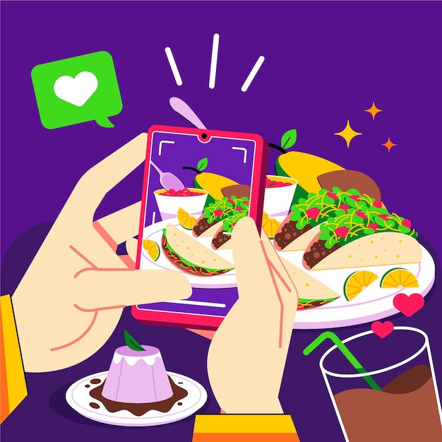 Vector hand drawn of person taking pictures of food illustration