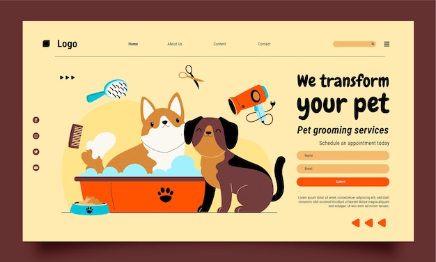 Vector hand drawn pet grooming landing page design