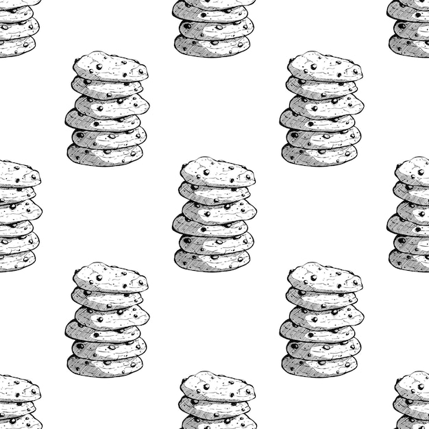 Hand drawn pile of cookies in seamless pattern Chocolate chip cookies