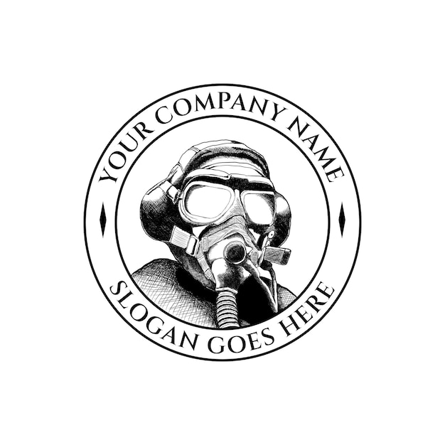 Hand drawn pilot logo wearing google and mask in vintage emblem style