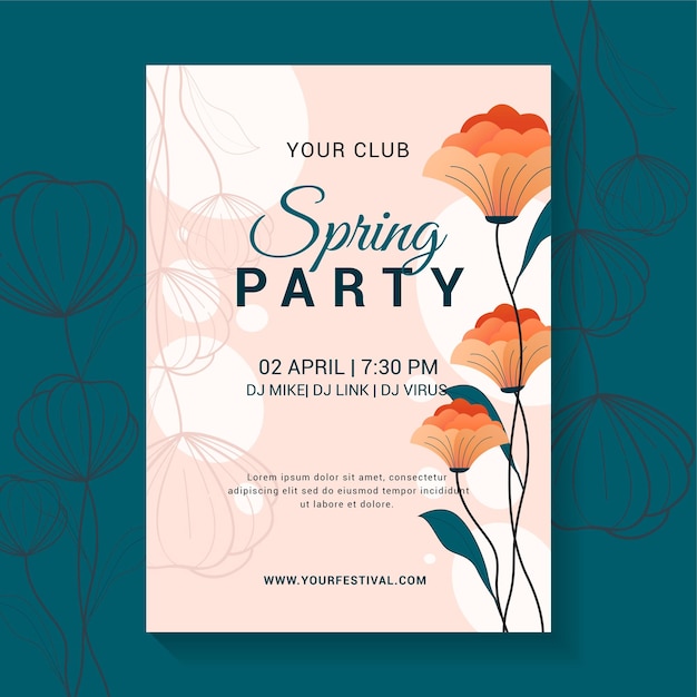 Vector hand drawn pink background floral flat spring party flyer poster template