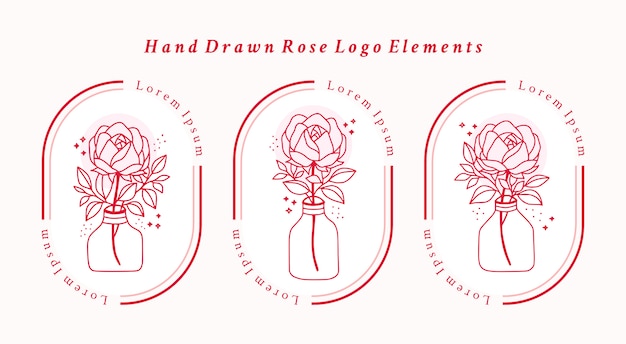 Hand drawn pink botanical rose flower element for feminine beauty logo