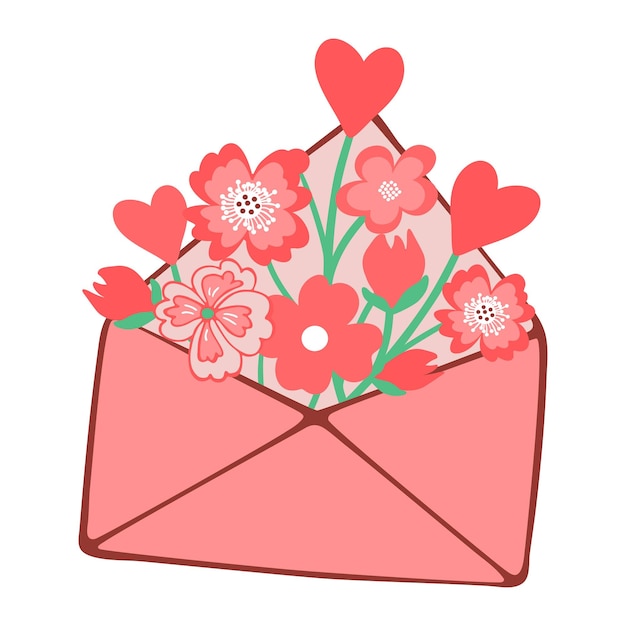 Hand drawn a pink envelope with flower and hearts. Vector doodle sketch illustration isolated on white background.