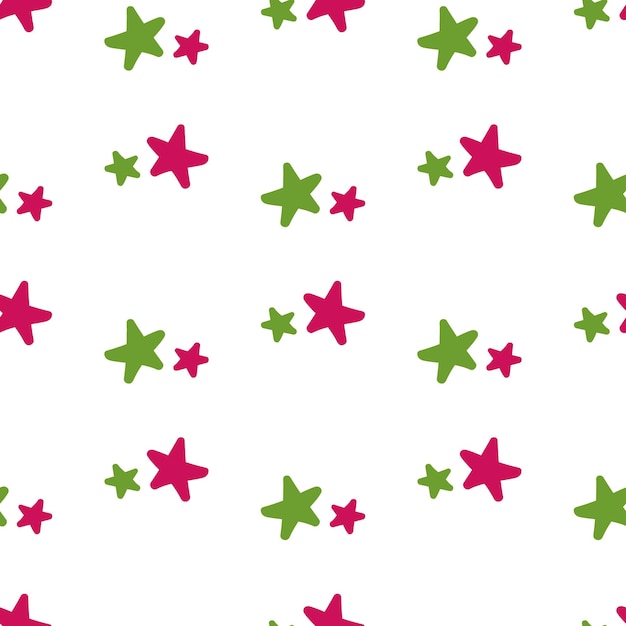 Hand drawn pink and green stars doodle summer seamless pattern isolated on white background