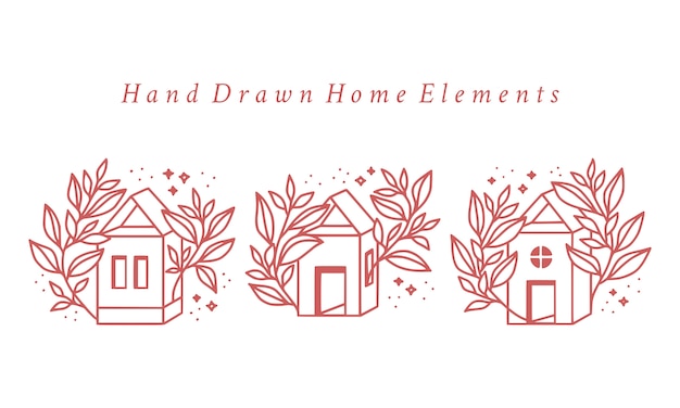 Hand drawn pink home and botanical floral logo element collection