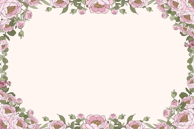 Vector hand drawn pink peony flower frame background