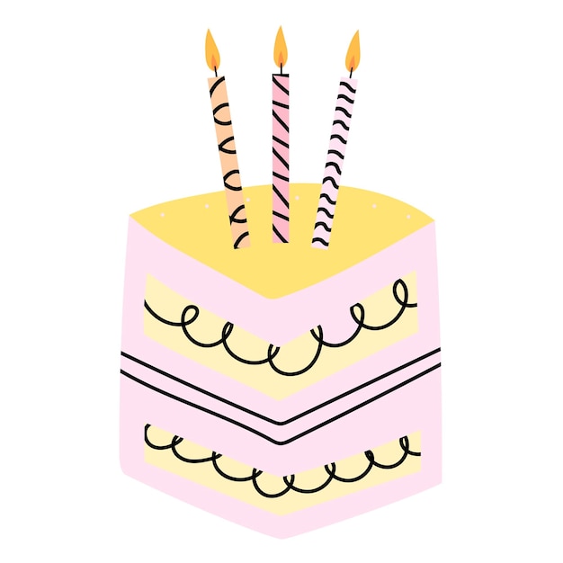 Hand drawn pink piece of cakes and candles isolated on white background decorative slice of cakes