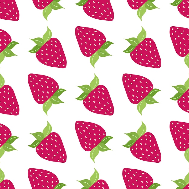 Hand drawn pink strawberry doodle seamless pattern with stripes leaves stars isolated on white