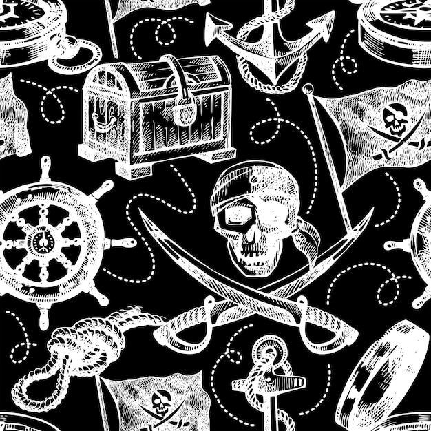 Hand drawn pirate seamless pattern. Sketch vector illustration