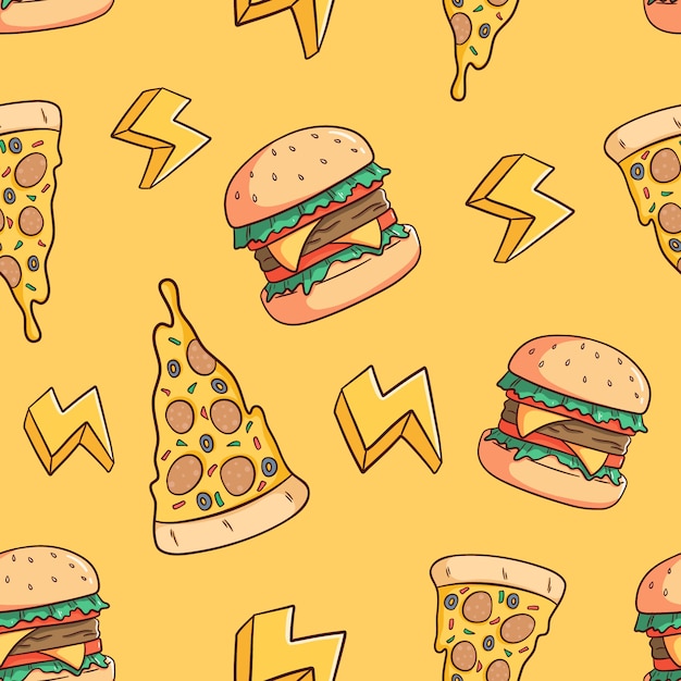 hand drawn pizza slice and burger seamless pattern