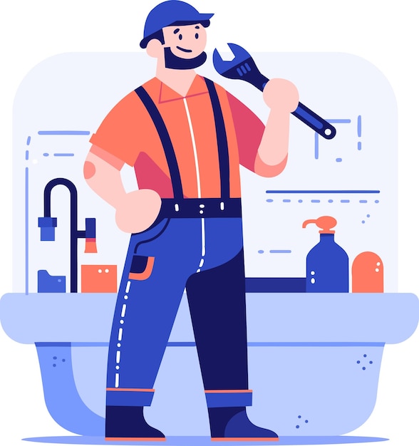 Hand Drawn plumber or engineer work with professionalism in flat style isolated on background