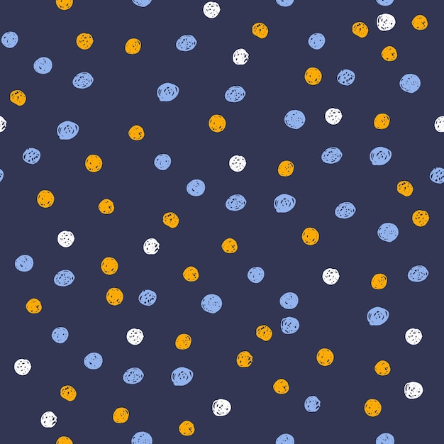 Hand Drawn Polka Dot Seamless Pattern on dark blue background Childish trendy doodle shapes