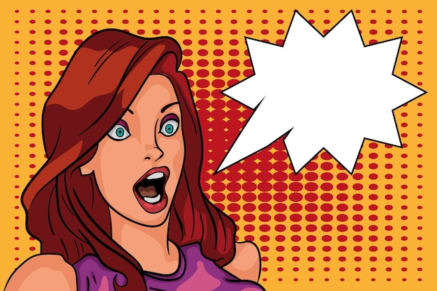 Hand drawn pop art illustration of shocked young woman looking forward with surprise