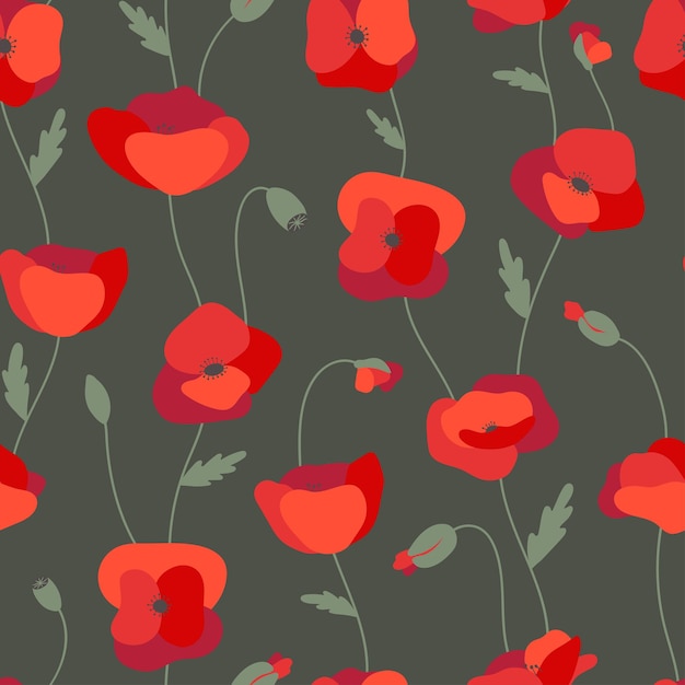 Hand-drawn poppy seamless pattern. Red flowers and buds on brown background. Floral print design