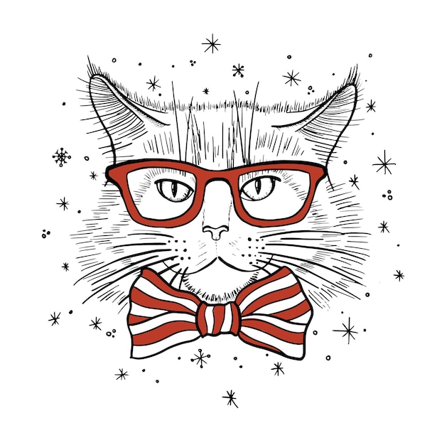 Hand drawn portrait of Cat in glasses with bow tie Vector illustration isolated on white