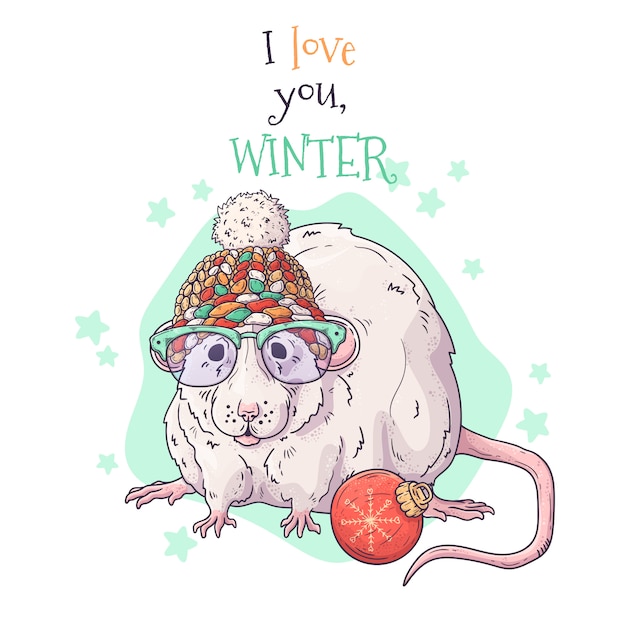 Hand drawn portrait of rat in Christmas accessories.