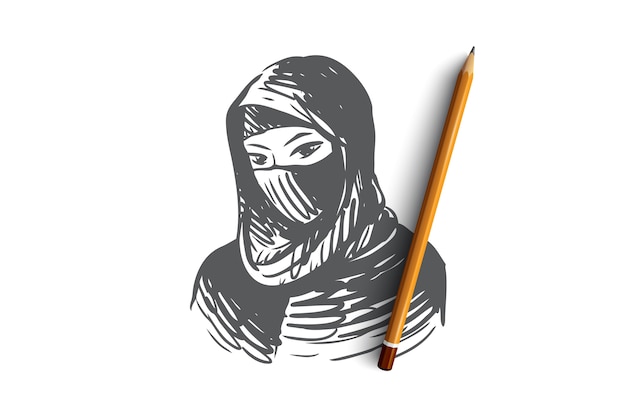 Hand drawn portrait of young muslim woman in hijab concept sketch