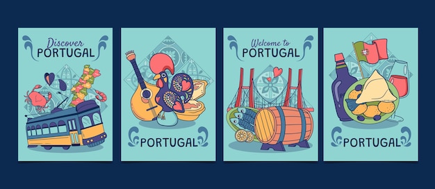 Vector hand drawn portugal vertical cards set