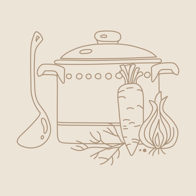 Hand drawn pot with vegetables and ladle for recipes and restaurant menu.