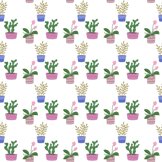 Hand drawn potted plants seamless pattern cactuses and succulents flat doodle illustration surface d