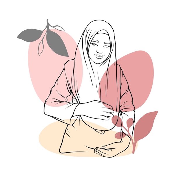 Hand drawn pregnant hijab mom in line art style