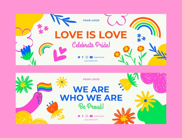 Hand drawn pride month horizontal banners collection