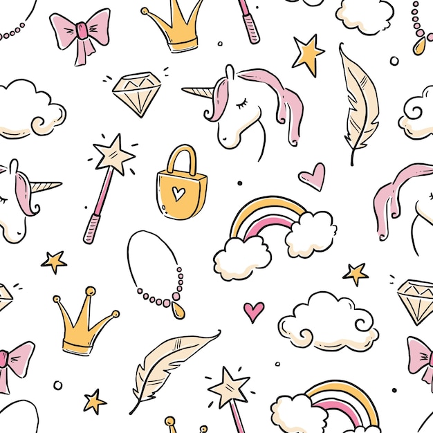 Hand drawn princess doodle seamless pattern Beauty pattern with cute girl princess accessories fairy unicorn castle Doodle background wallpaper