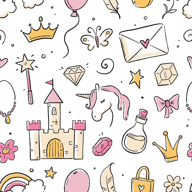 Hand drawn princess doodle seamless pattern Beauty pattern with cute girl princess accessories fairy unicorn castle Doodle background wallpaper