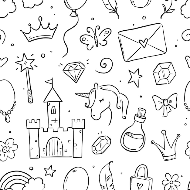 Hand drawn princess doodle seamless pattern Beauty pattern with cute girl princess accessories fairy unicorn castle Doodle background wallpaper