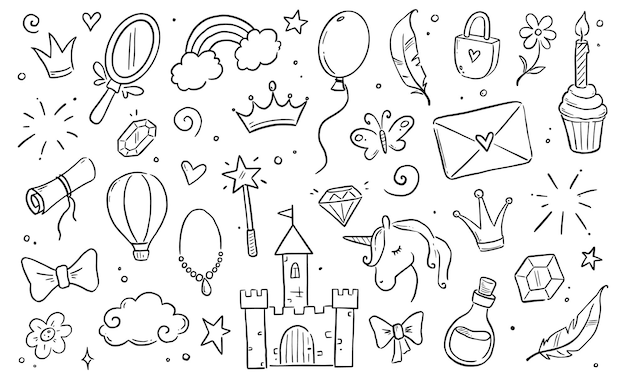 Hand drawn princess doodle set Beauty cute girl princess accessories fairy unicorn castle Doodle background