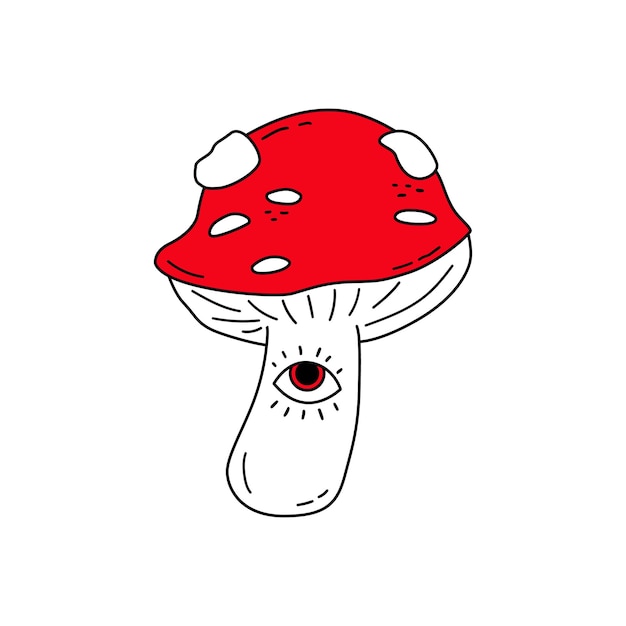 Hand drawn psychedelic mushroom with an eye Doodle drawing of strange amanita Hippie fly agaric