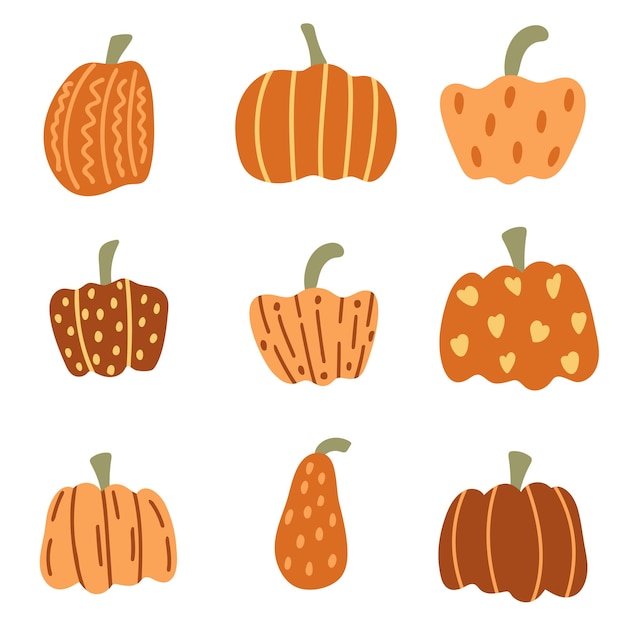 Hand drawn pumpkin set vector illustration decorated with dotted lines and patterns