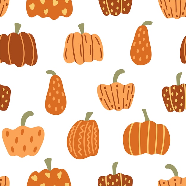 Hand drawn pumpkins seamless autumn pattern Background with decorated orange pumpkins