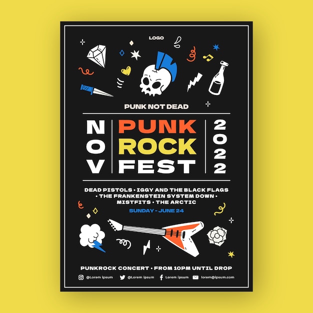 Vector hand drawn punk rock fest poster template