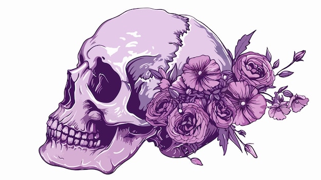 Hand Drawn Purple Skull with Flowers Trendy Isolated Illustration