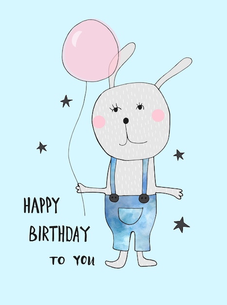 Hand drawn rabbit with balloon with hand drawn lettering happy birthday