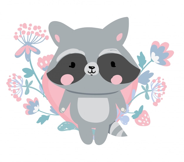 Hand Drawn raccoon with flowers illustration