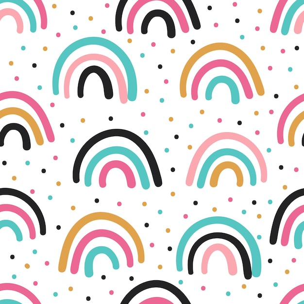 Hand drawn Rainbows and dots cute seamless pattern on white background. Design for nursery, textile,