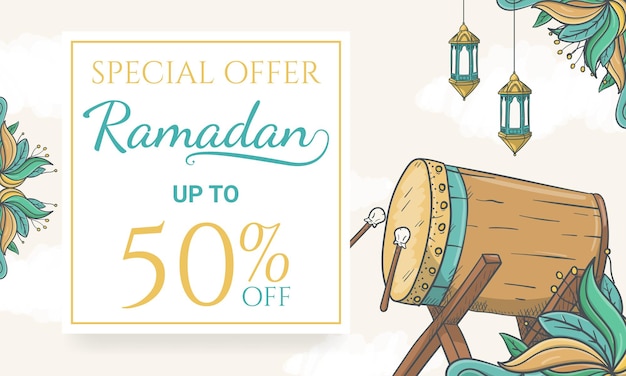 Hand drawn Ramadan Sale Banner with Islamic ornament illustration