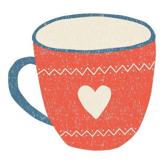 Vector hand drawn red ceramic cup with heart isolated on white background