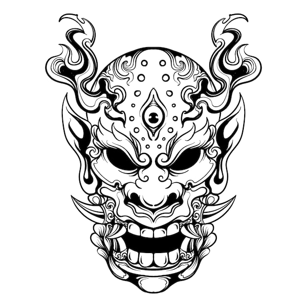 hand drawn red hannya mask, oni mask line art black and white isolated decoration