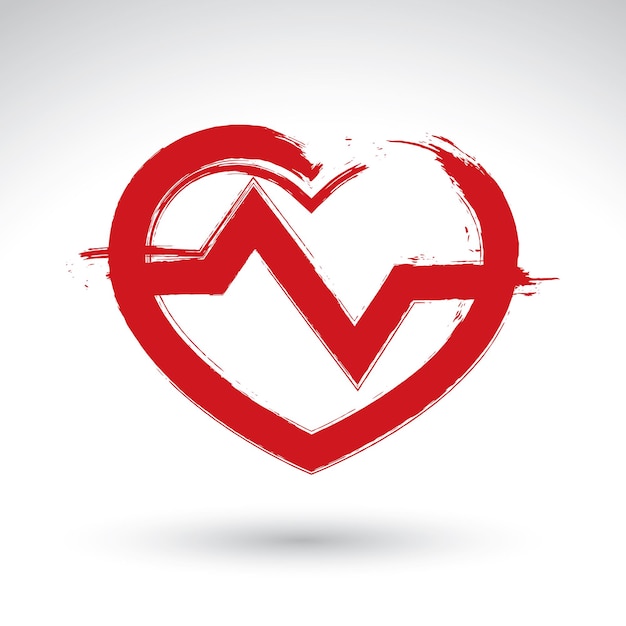 Vector hand drawn red heart icon, brush drawing heart sign with electrocardiogram, original hand-painted heart symbol with ekg isolated on white background.