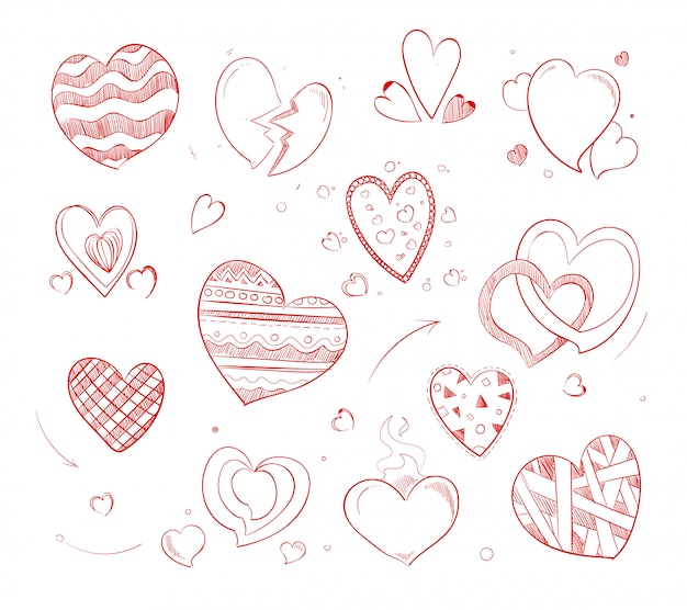 Hand drawn red hearts vector doodle icons 