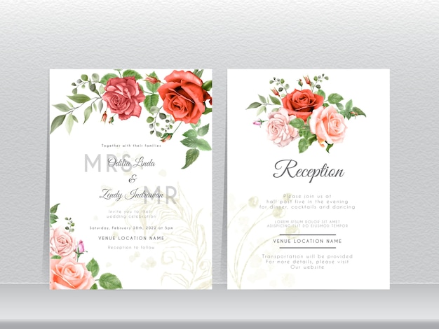 hand drawn red and pink roses wedding invitation card set