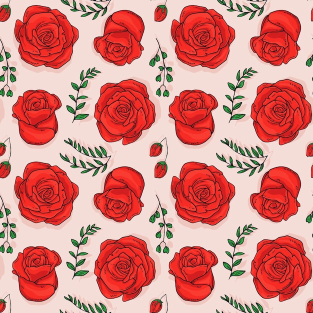 Hand Drawn Red Rose Seamless Pattern