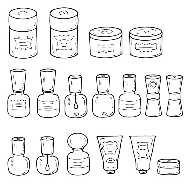 Hand drawn retro style cosmetic jars collection Doodle vector illustration for decor and design