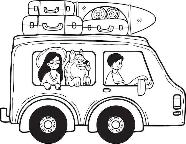 Hand Drawn Road trip van illustration in doodle style