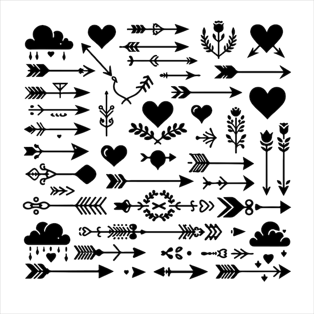 Hand drawn romantic arrows set silhouette vector